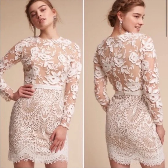 ML Monique Lhuillier White & Beige nude Lacey Cocktail formal Dress xs 3D Sz 2 - Picture 17 of 17